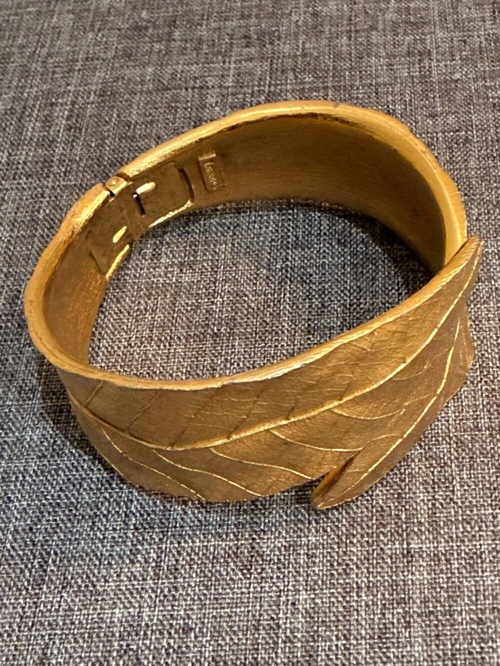 Signed Trifari Gold-Tone Textured Hinged Cuff Bracelet